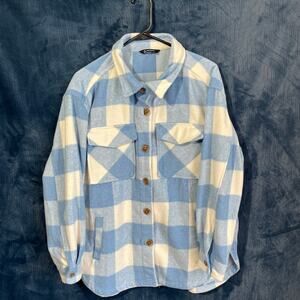 Member's‎ Mark Women's Relaxed Fit Button Front Plaid Blue Shacket Size Medium